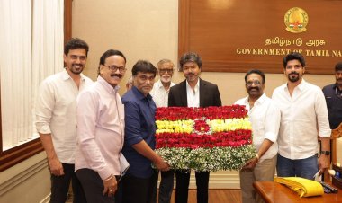 Honorable Chief Minister of Tamil Nadu, Mr. C. Joseph Vijay, today (18.05.2026) at the Secretariat, met with Mr. D.G. Thyagarajan, President of the Tamil Film Current Producers Association, Mr. D. Siva, General Secretary, Mr. G. Dhananjayan, Treasurer, Deputy Heads Mr. S.R. Prabhu, Mr. S.S. Lalith Kumar, Joint Secretaries Mr. Mukesh R. Mehta and Mr. S. Vinoth Kumar, and Executive Members, and handed over a bank draft of Rs. 10 lakh to the Chief Minister's Public Relief Fund.