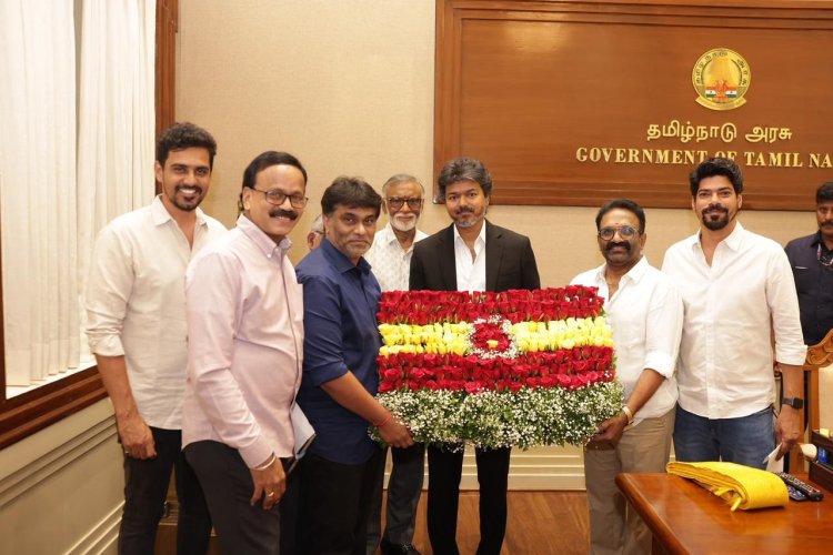 Honorable Chief Minister of Tamil Nadu, Mr. C. Joseph Vijay, today (18.05.2026) at the Secretariat, met with Mr. D.G. Thyagarajan, President of the Tamil Film Current Producers Association, Mr. D. Siva, General Secretary, Mr. G. Dhananjayan, Treasurer, Deputy Heads Mr. S.R. Prabhu, Mr. S.S. Lalith Kumar, Joint Secretaries Mr. Mukesh R. Mehta and Mr. S. Vinoth Kumar, and Executive Members, and handed over a bank draft of Rs. 10 lakh to the Chief Minister's Public Relief Fund.
